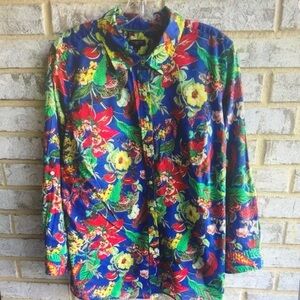 Vibrant Blue Tropical Floral Button-Up Shirt